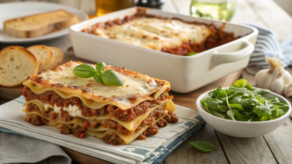 Freshly baked lasagna bolognese layered with pasta, rich meat sauce, creamy béchamel, and grated Parmesan, served in a rustic Italian setting.