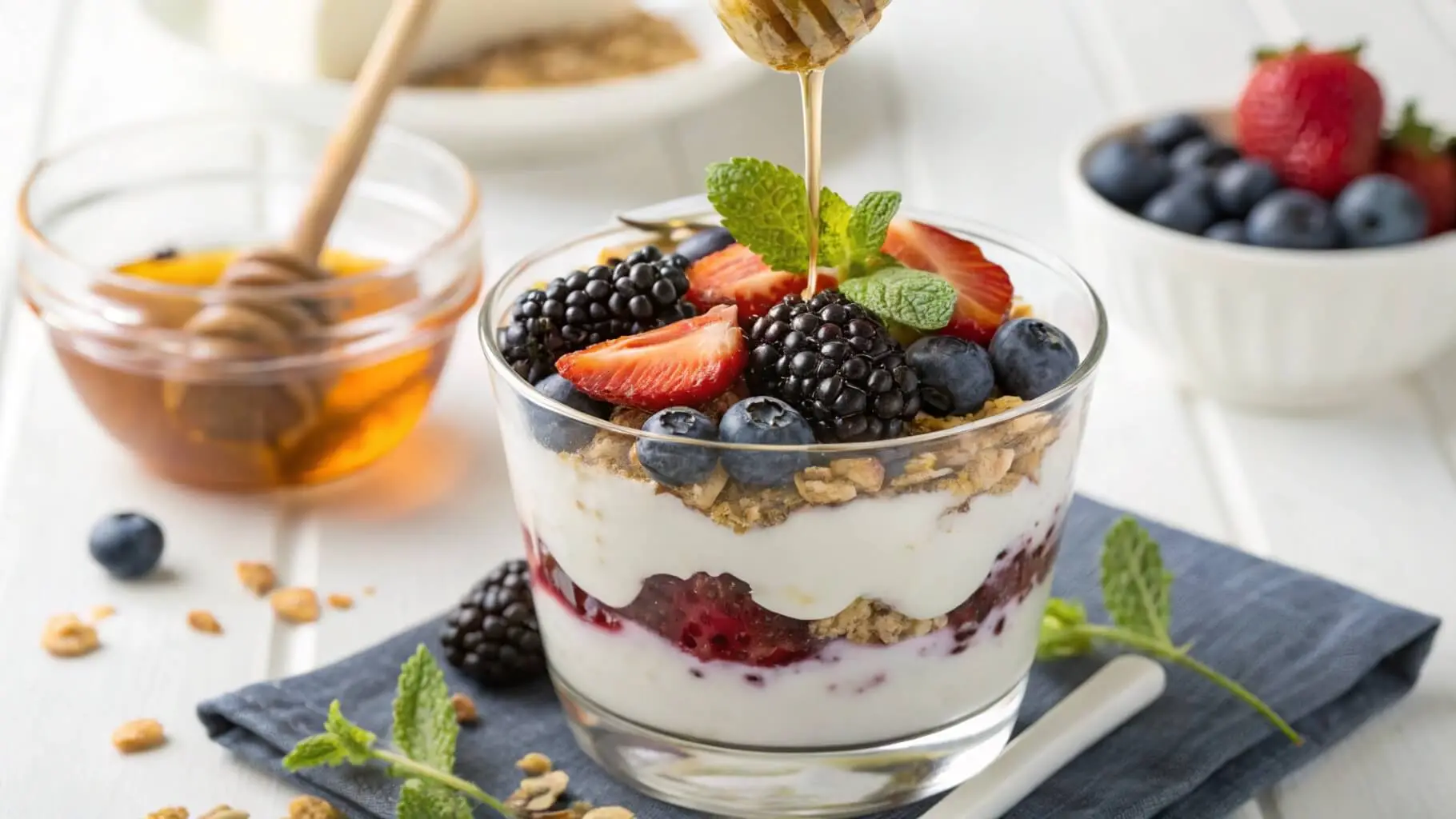 A colorful Greek Yogurt Parfait​ with layers of creamy yogurt, fresh berries, granola, and a drizzle of honey for a healthy, delicious snack.