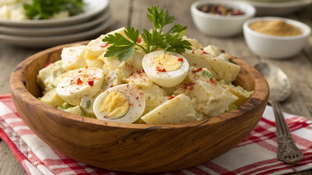 Creamy deviled egg potato salad served in a bowl with fresh herbs, perfect for summer gatherings and picnics.