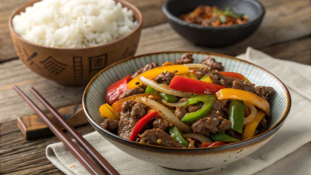 A plate of flavorful Chinese ground beef stir-fry served with vegetables, showcasing a simple, savory dish for a satisfying meal.