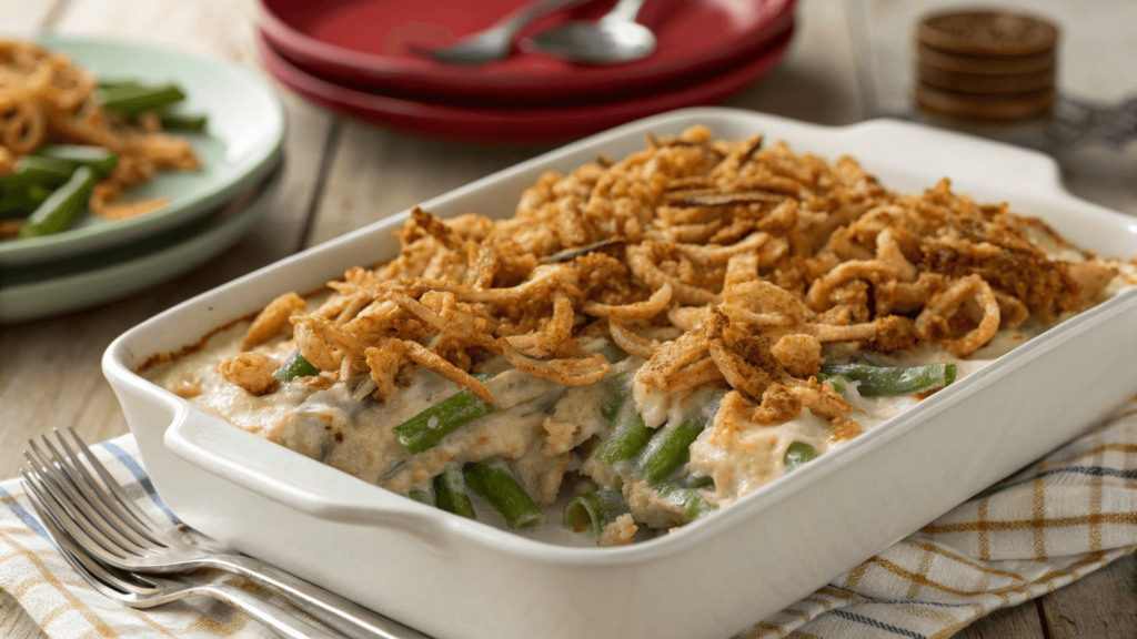 A serving of Campbell green bean casserole, topped with crispy fried onions, showcasing creamy green beans, perfect for holiday meals.