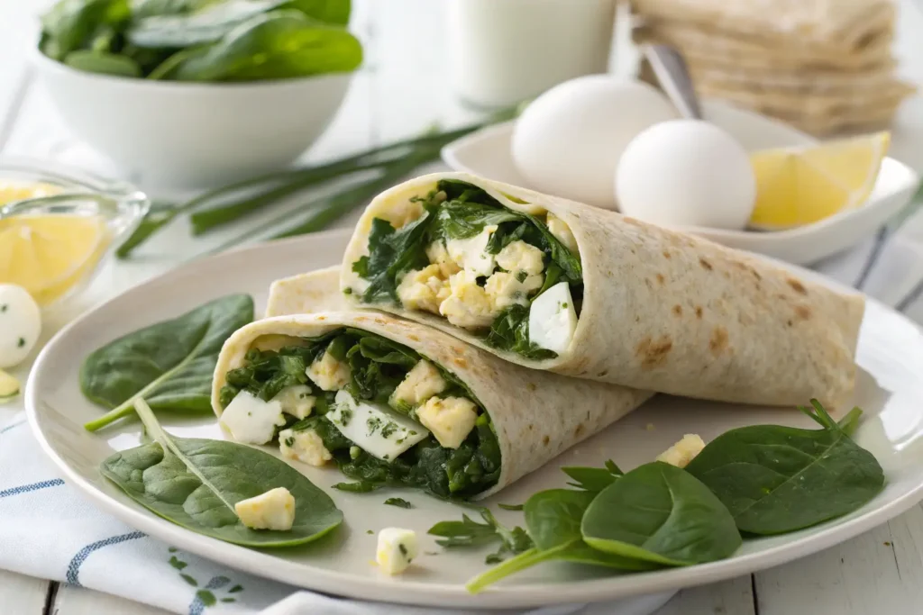 A healthy spinach and feta breakfast wrap featuring scrambled eggs, spinach, and feta cheese wrapped in a soft flour tortilla, with spinach leaves on the plate for garnish.