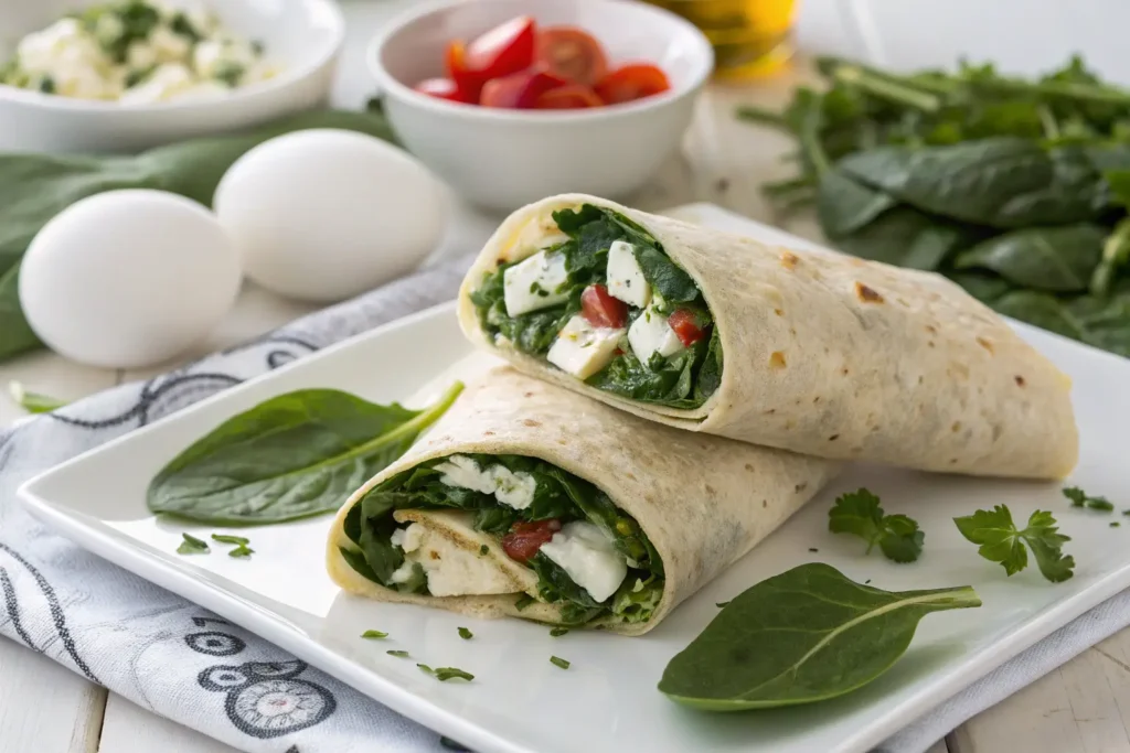 A healthy spinach and feta breakfast wrap, filled with scrambled eggs, spinach, feta cheese, and fresh tomatoes, wrapped in a soft tortilla.