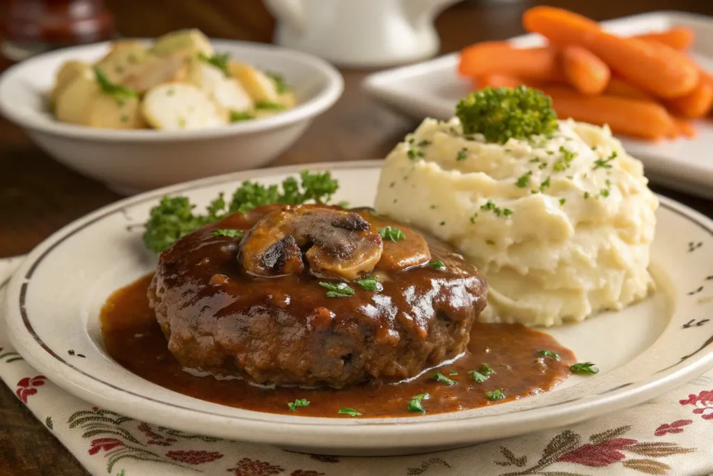 A plate of hamburger steak topped with a rich brown gravy and mushrooms, served with creamy mashed potatoes and a side of carrots.