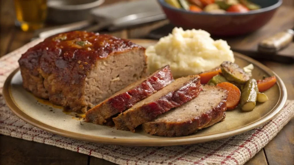 A perfectly cooked 1 pound meatloaf recipe​ served with mashed potatoes and roasted vegetables, making a comforting and hearty meal.