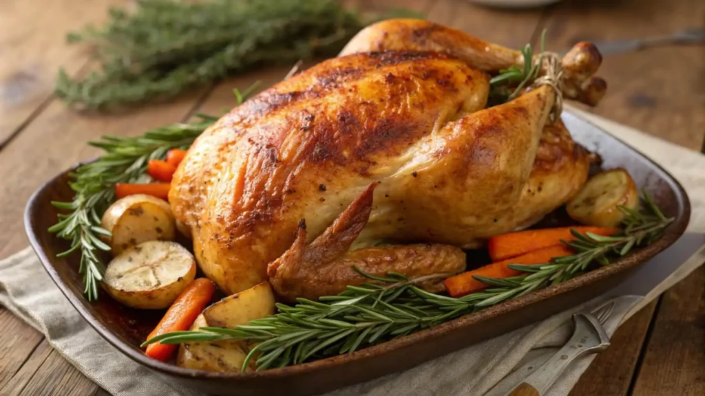 A perfectly cooked air fryer whole chicken, golden-brown with crispy skin, surrounded by roasted vegetables on a rustic table.