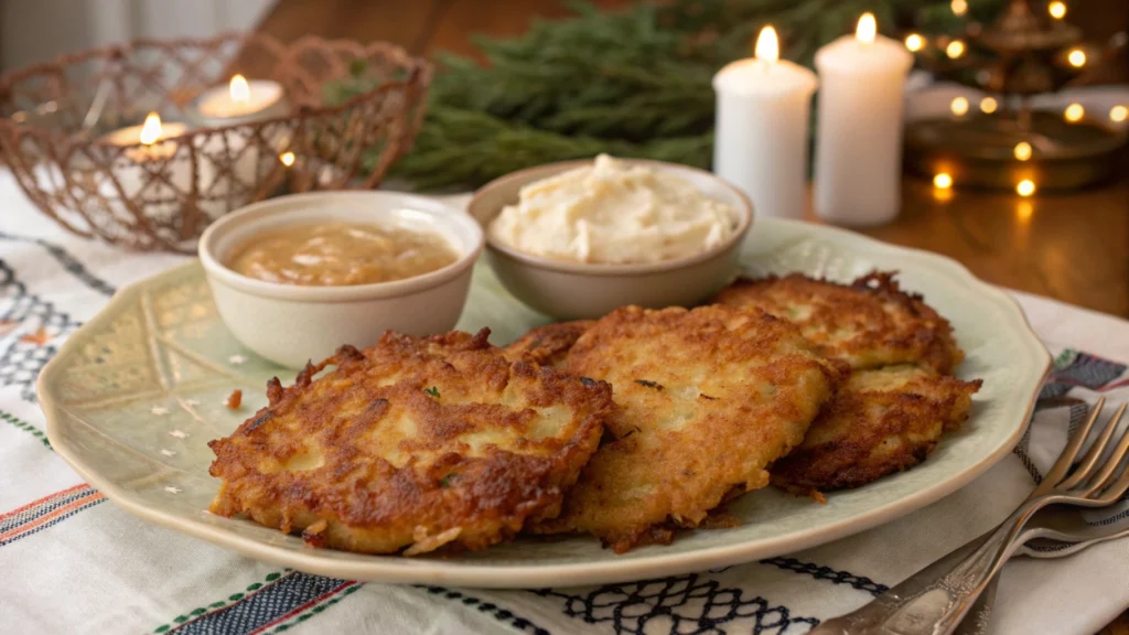 Crispy, golden latkes served with sour cream and applesauce.
