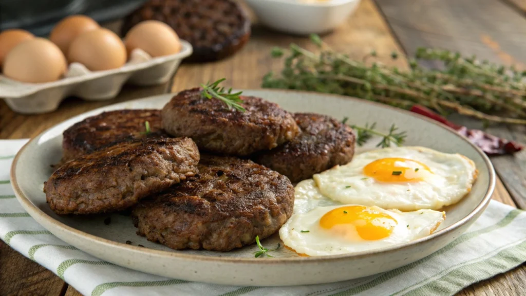 A plate of juicy carnivore ground beef patties served with eggs, ideal for a meat-based diet.