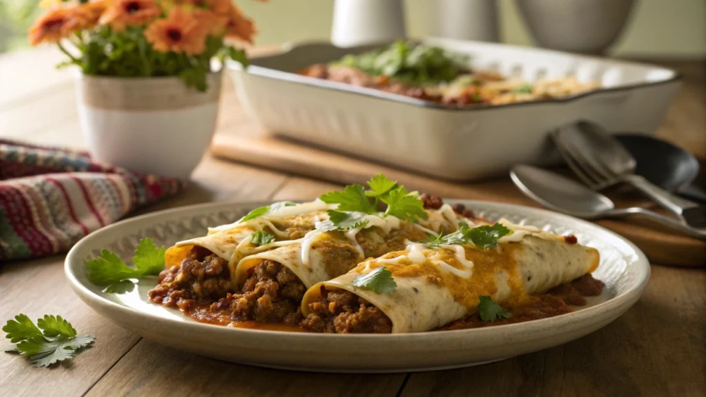 A plate of delicious ground beef enchiladas topped with cheese and sauce, served with rice and beans for a complete meal.