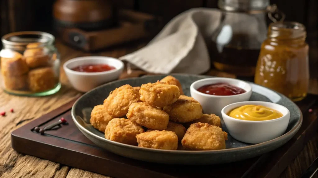 A plate of crispy air fryer chicken nuggets served with various dipping sauces, showcasing a golden-brown exterior and tender inside.