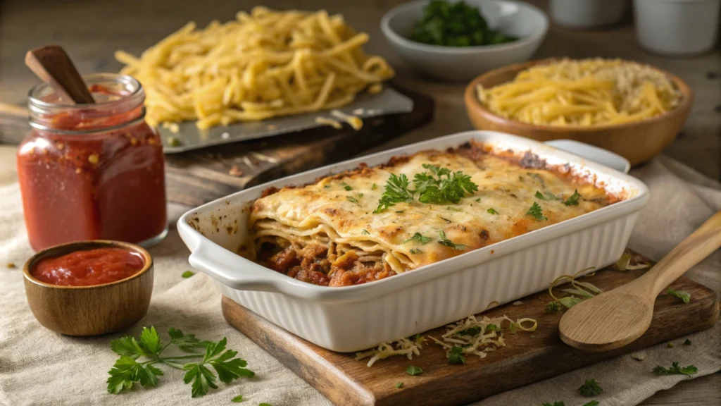  A delicious ramen lasagna recipe in a white casserole dish, topped with melted cheese and parsley, surrounded by ingredients like noodles and tomato sauce.