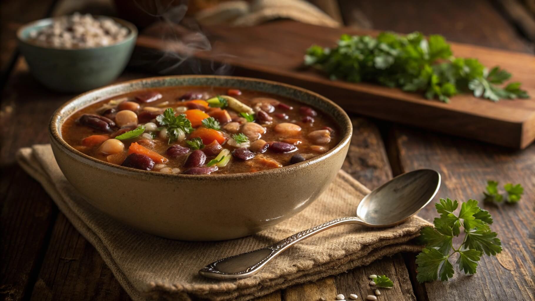 A bowl of 16 bean soup recipe​ filled with various beans, vegetables, and herbs, offering a comforting and nutritious meal.