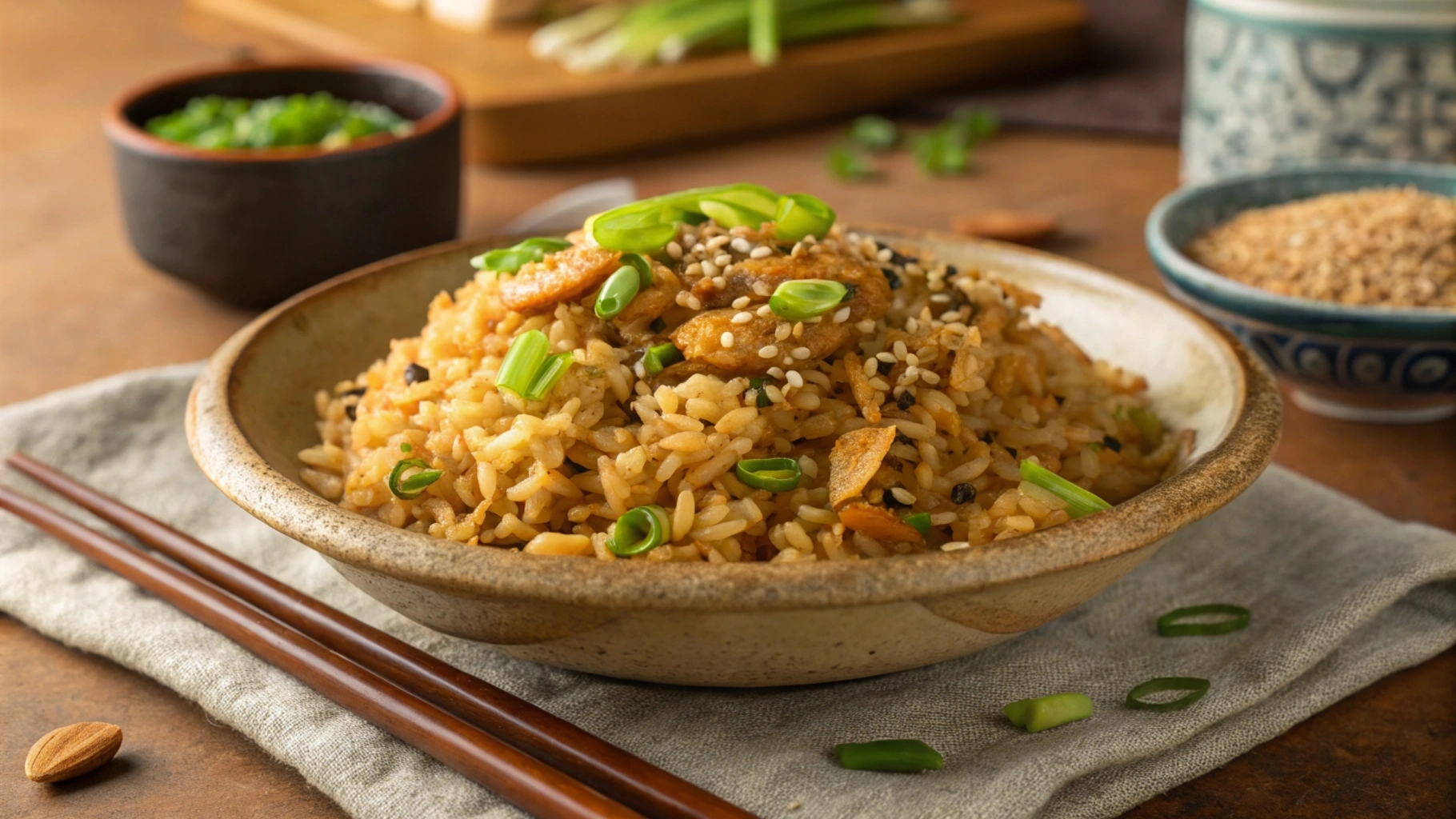 A plate of garlic fried rice with golden-brown rice, garlic, and green onion garnish, served in a rustic bowl with chopsticks on the side.