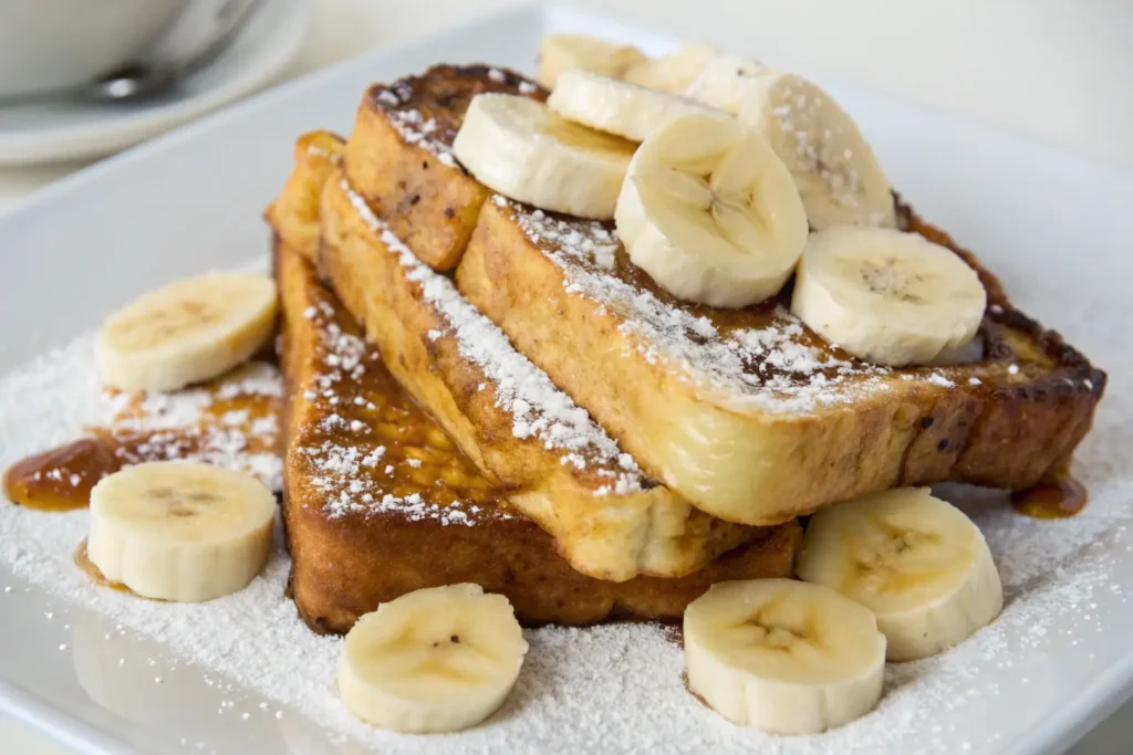 A plate of banana French toast topped with sliced bananas, powdered sugar, and syrup, offering a sweet and indulgent breakfast.