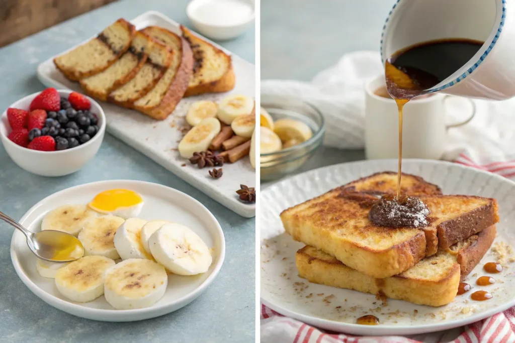 A plate of banana French toast topped with sliced bananas and drizzled with syrup, showcasing a sweet and indulgent breakfast.