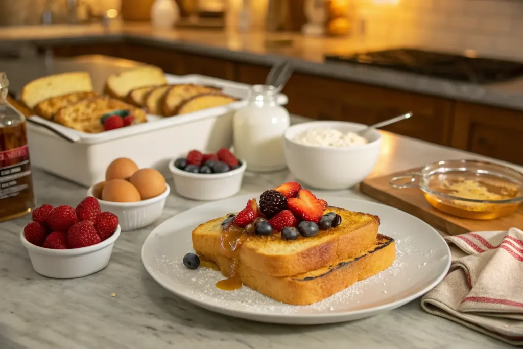 French toast made with brioche, topped with fresh berries and syrup, showcasing a delicious breakfast setup with eggs, milk, and other ingredients in the background.