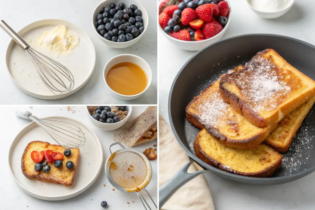 A step-by-step preparation of French toast made with brioche, showing the custard mixture, fresh berries, and cooking process.