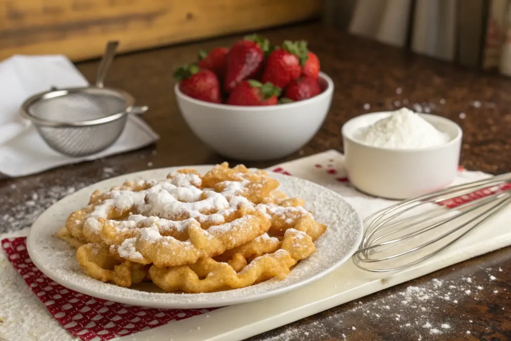 Freshly made funnel cake dusted with powdered sugar, served with strawberries on the side.