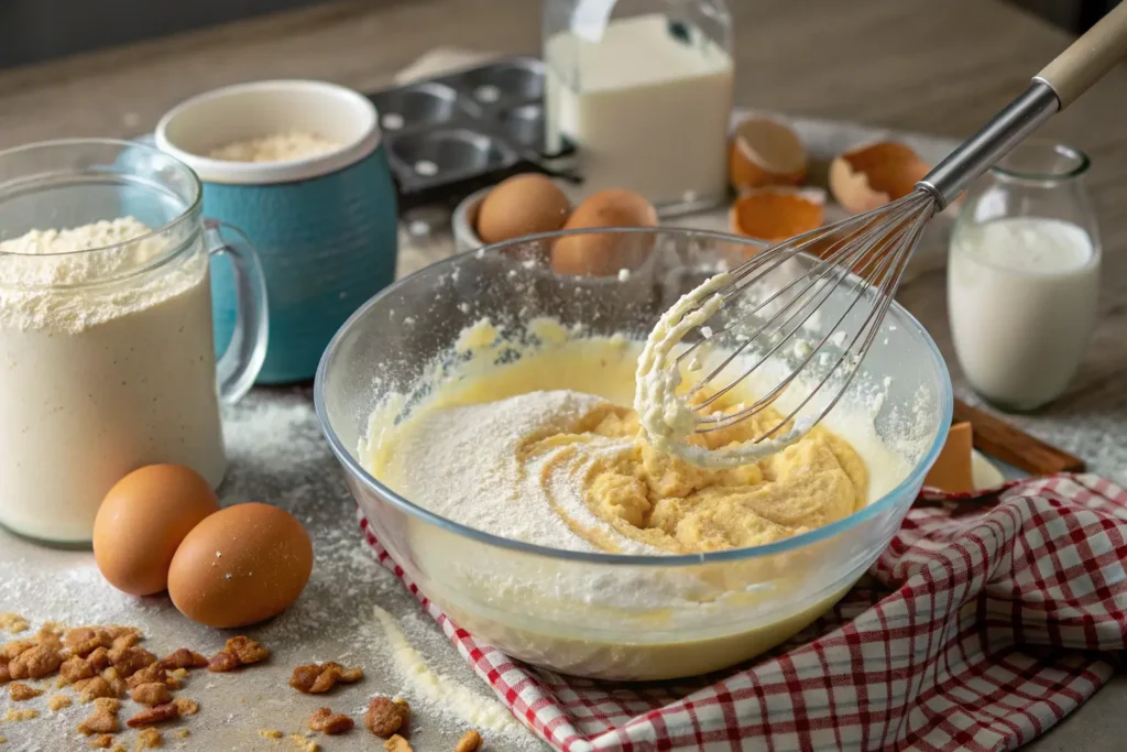 Mixing batter for funnel cake using pancake mix, with flour, eggs, and milk visible in the background.