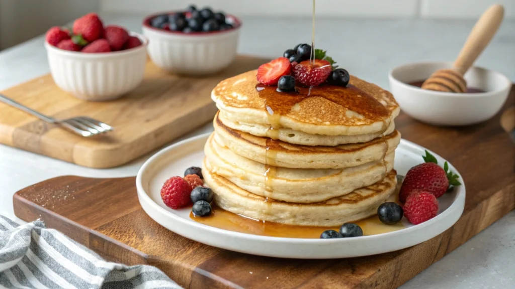 Fluffy eggless pancakes served with syrup and fresh fruit