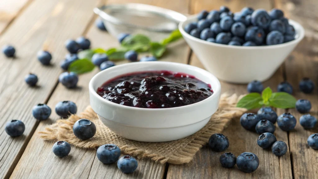 A bowl of freshly made blueberry compote served with pancakes and a spoon.