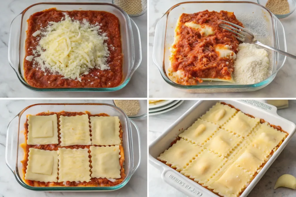 Step-by-step process of preparing ravioli lasagna, layering sauce, ravioli, and cheese in a glass dish before baking.
