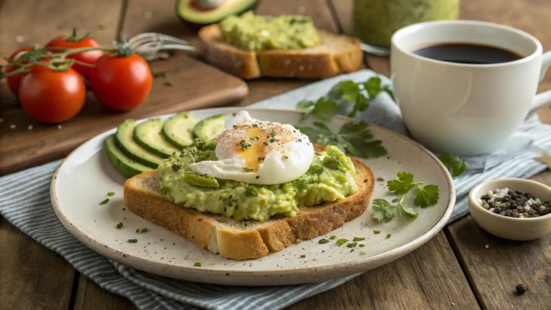 A plate of avocado toast with poached egg​, topped with mashed avocado, a poached egg, and fresh herbs for a delicious, healthy breakfast.