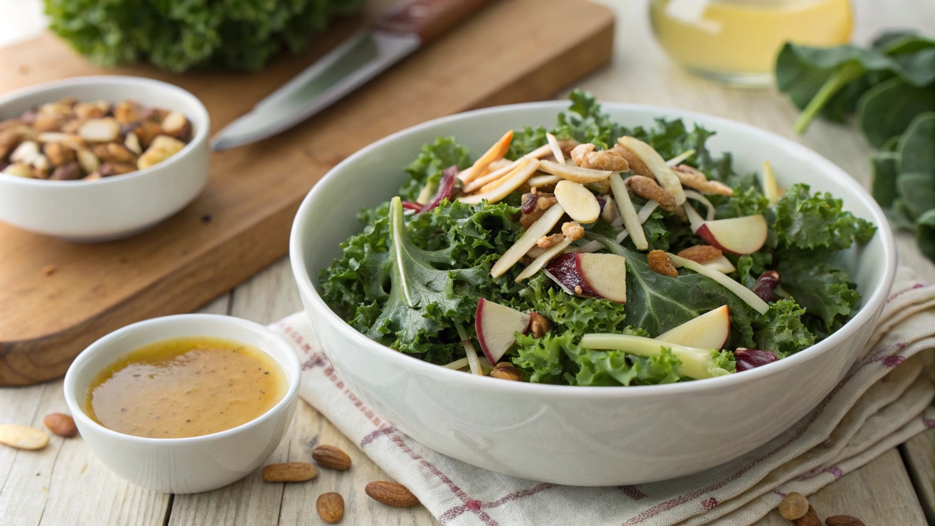 Homemade Chick-fil-A Kale Crunch Salad with kale, cabbage, roasted almonds, and apple cider Dijon mustard dressing on a white plate.