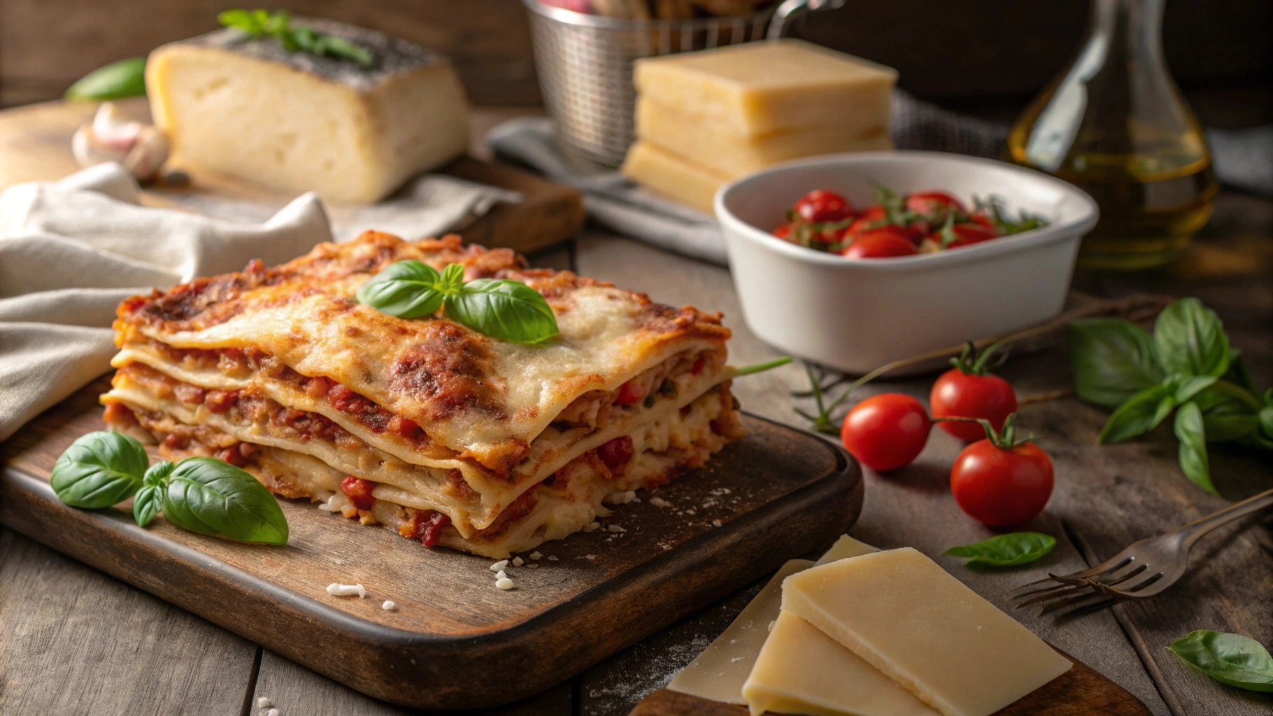 Golden-brown lasagna with layered pasta, sauce, cheese, and basil on a rustic table with fresh ingredients.