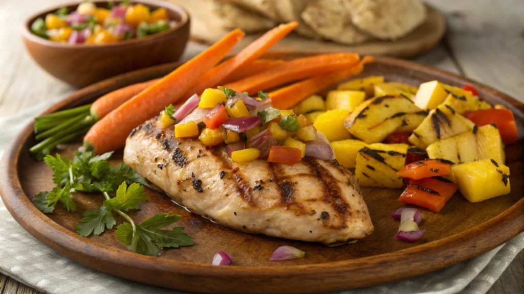 Grilled chicken topped with fresh mango salsa on a plate with vegetables.