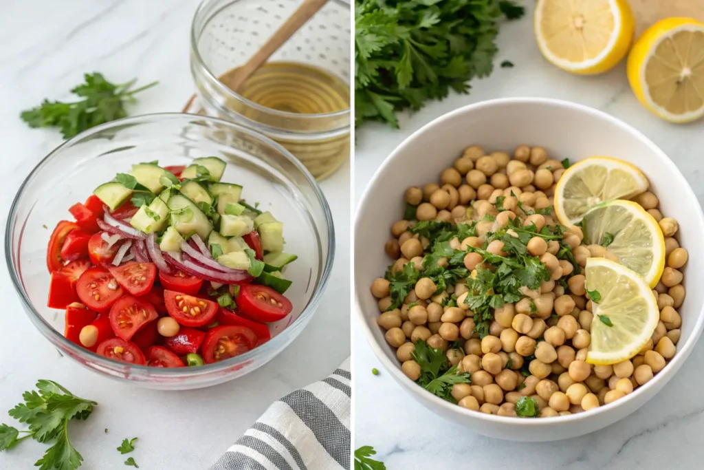 A step-by-step process of preparing a healthy chickpea salad. The first image shows a bowl with chopped tomatoes, cucumbers, red onions, and chickpeas, while the second image shows cooked chickpeas in a bowl garnished with fresh cilantro and lemon slices.