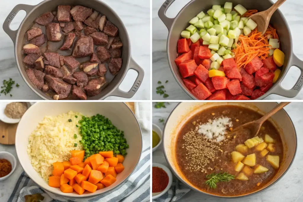 A step-by-step guide for making Hawaiian beef stew, including browning the beef, adding vegetables like carrots, tomatoes, and potatoes, and preparing the flavorful broth.