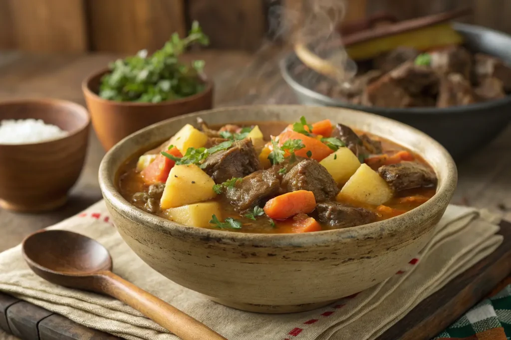 A bowl of freshly made Hawaiian beef stew with tender beef, carrots, and potatoes, garnished with fresh cilantro, served alongside rice.