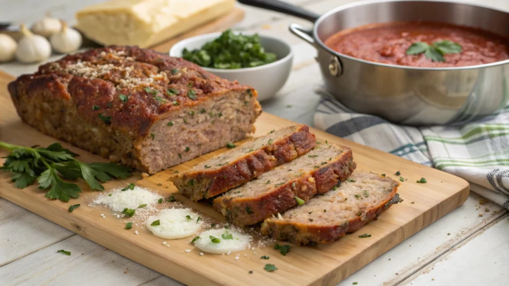 Deliciously baked Italian meatloaf topped with marinara sauce and garnished with fresh parsley, served on a rustic wooden table.