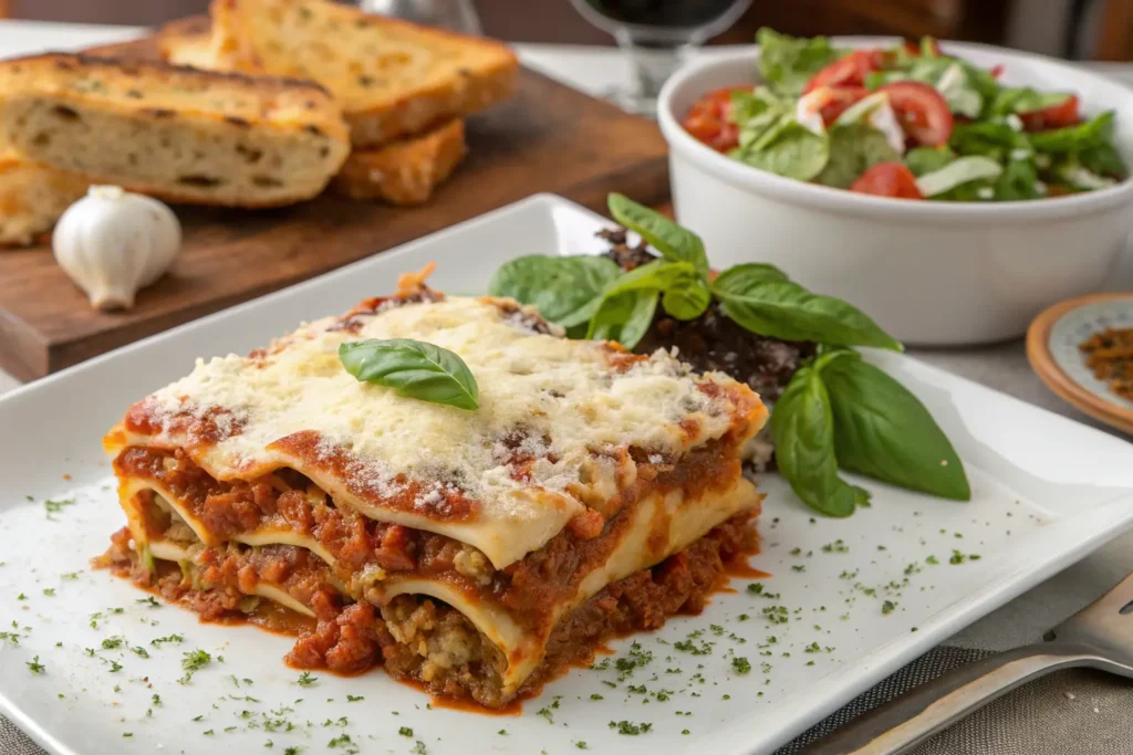 A beautifully plated lasagna bolognese with fresh basil leaves, served with garlic bread and a side salad.