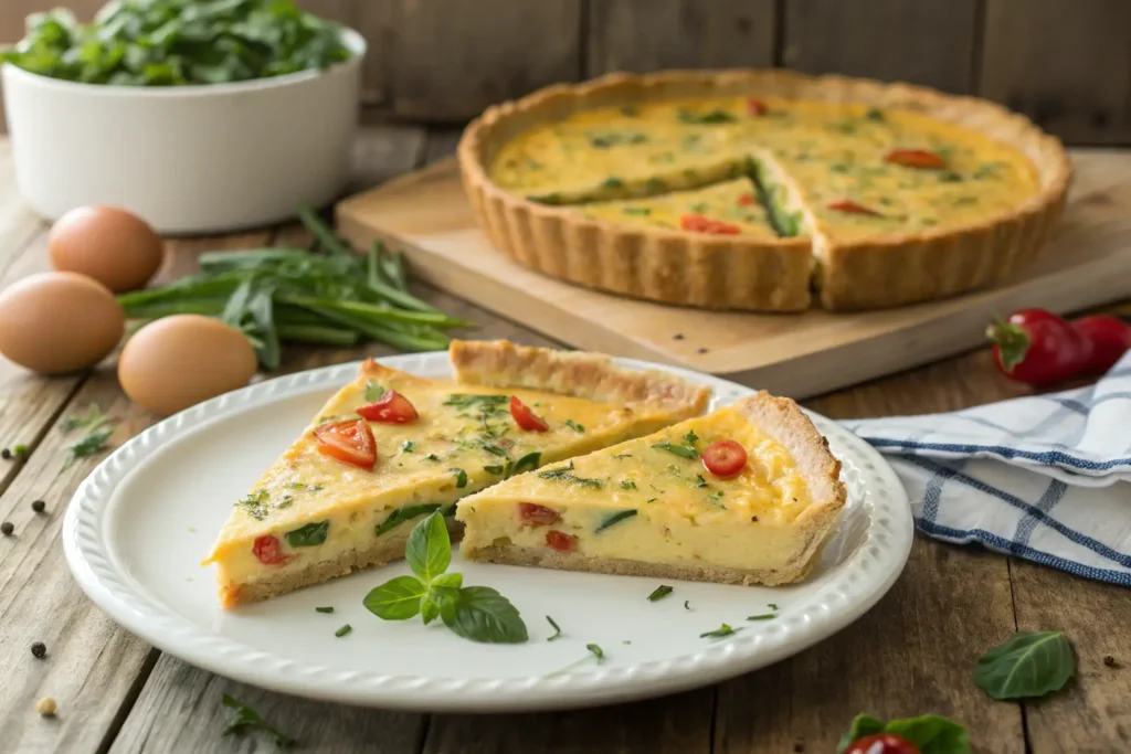 Sliced tortilla quiche served with fresh vegetables and a sprinkle of herbs.