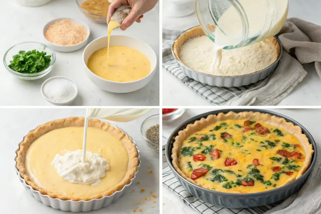 Step-by-step images of preparing a tortilla quiche with egg mixture, cheese, and vegetables being poured into a crust and baked to perfection.
