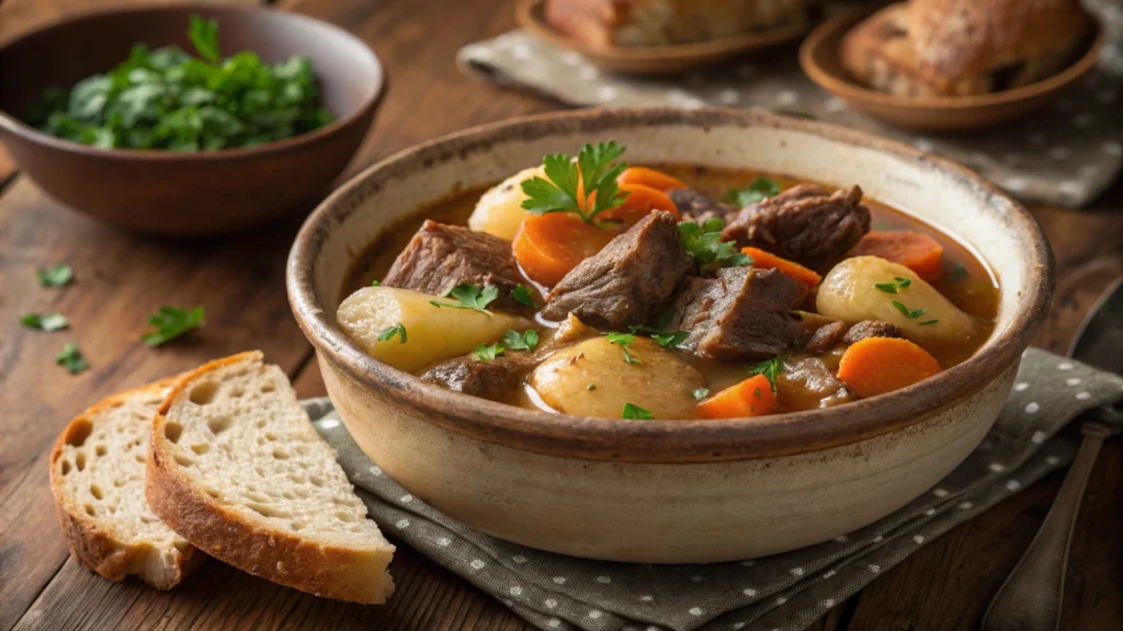 A bowl of hearty, traditional Irish beef stew with tender beef, vegetables, and fresh herbs.