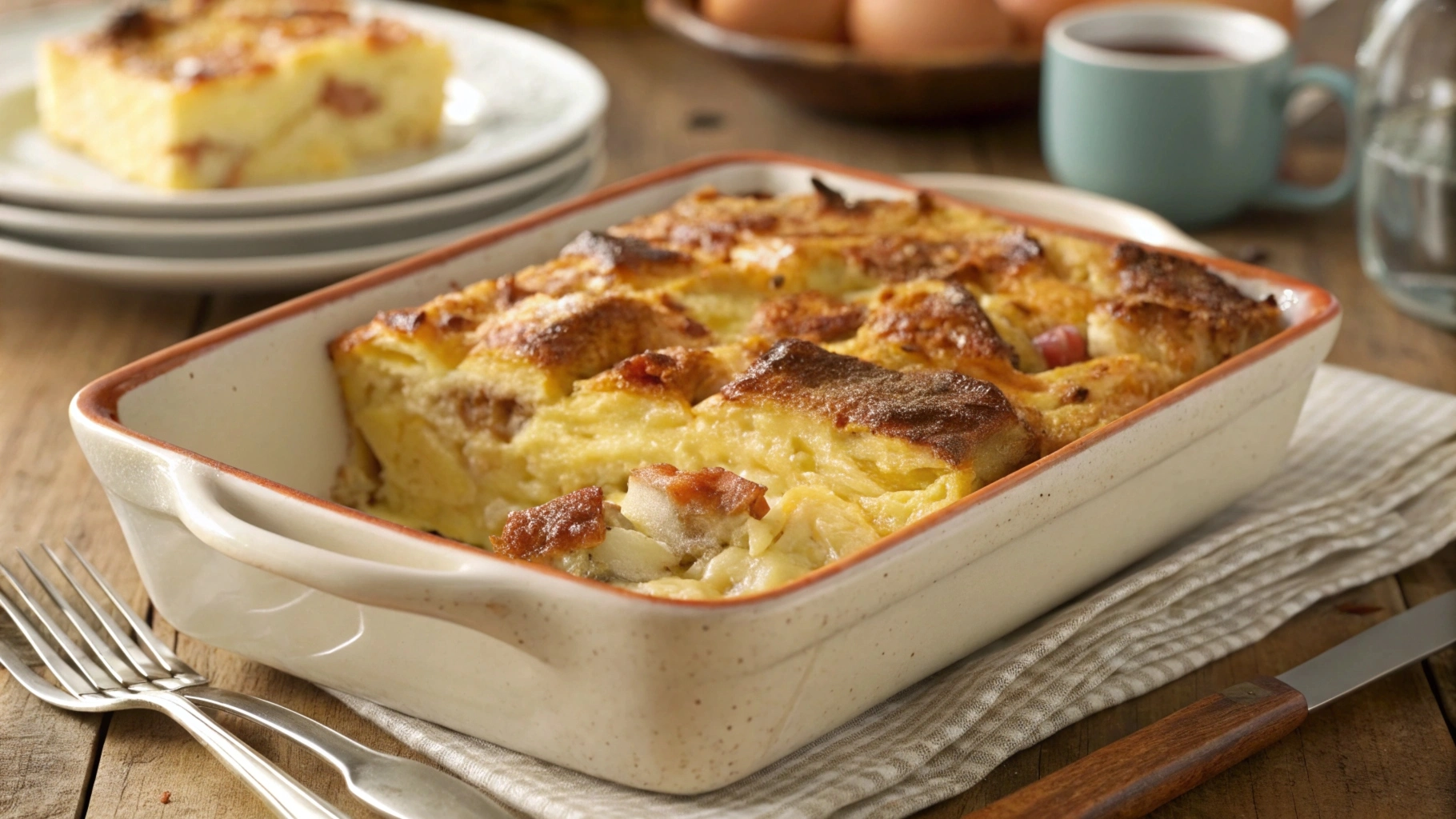 Golden pancake breakfast casserole served in a ceramic dish, surrounded by fresh fruit, coffee, and orange juice on a cozy morning table.