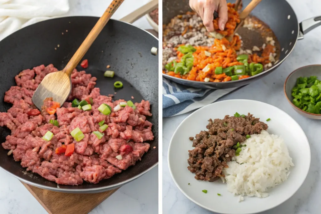 A step-by-step process of making Chinese ground beef stir-fry with vegetables served over rice. On the left, ground beef is being cooked with green onions, and on the right, the cooked beef is plated with rice, garnished with fresh herbs.