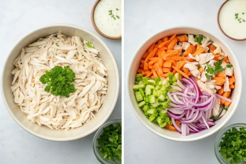 Step-by-step preparation of chicken salad, featuring shredded chicken, chopped carrots, celery, and red onions.