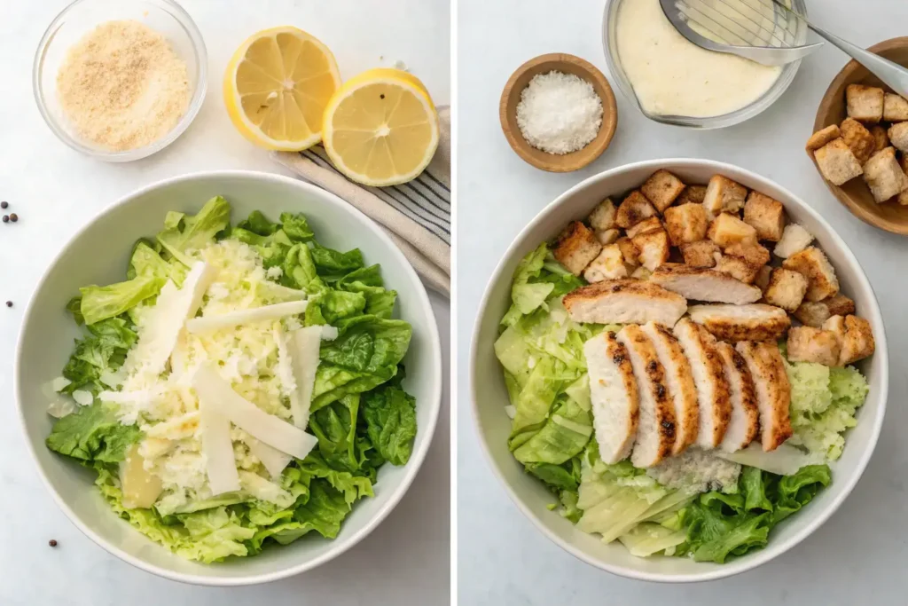 A step-by-step process for preparing a chicken Caesar salad, featuring a bowl of Romaine lettuce with freshly grated Parmesan cheese on the left and grilled chicken slices and croutons on top of the salad in the right image.
