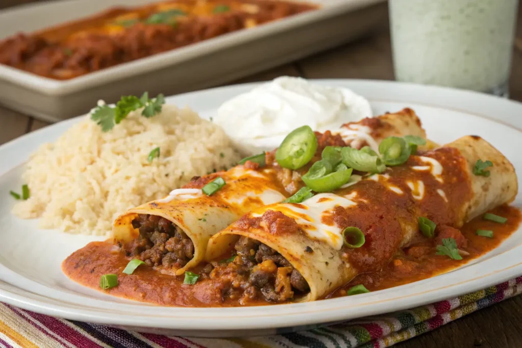 A plate of ground beef enchiladas served with rice, topped with sour cream, green onions, and sliced jalapeños.