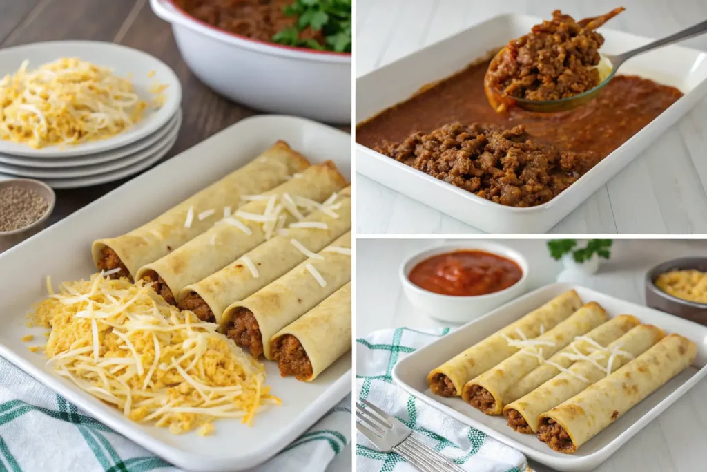 A step-by-step guide for preparing ground beef enchiladas with cheese, featuring the filling and sauce preparation, topped with shredded cheese before baking.