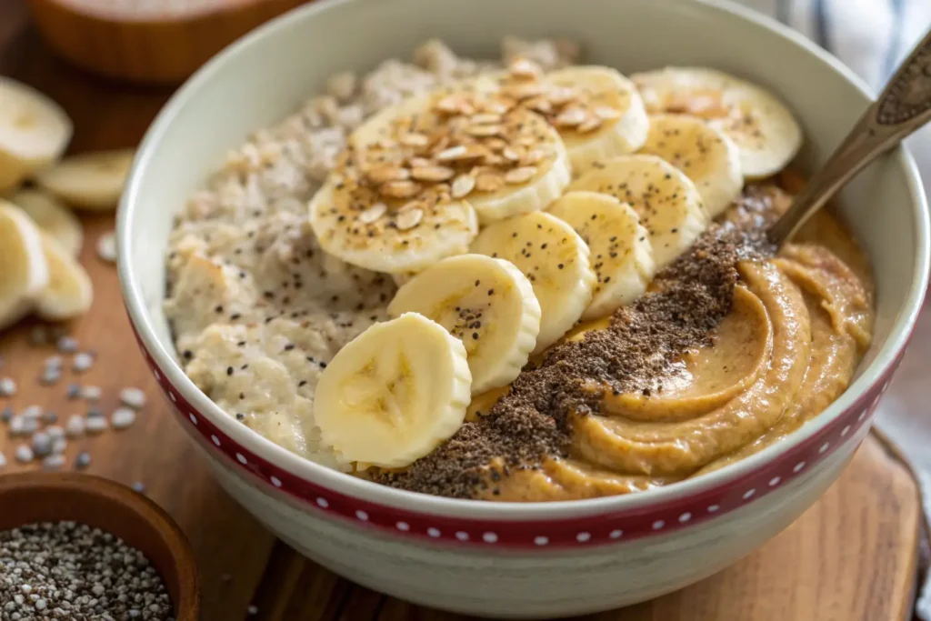 A bowl of oatmeal topped with banana slices, almond butter, and chia seeds, with a spoon on the side.