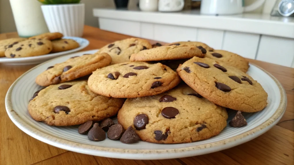 A plate of golden-brown sugar free chocolate chip cookies, featuring soft texture and sugar-free chocolate chips, perfect for a healthy treat.