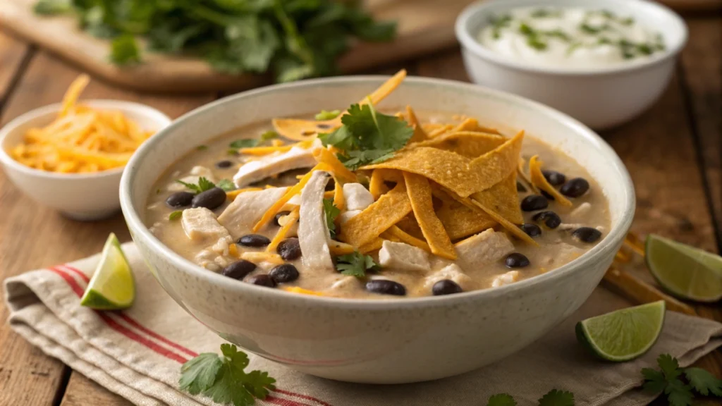 A bowl of homemade Chick-fil-A tortilla soup topped with crispy tortilla strips, shredded cheese, and fresh cilantro.