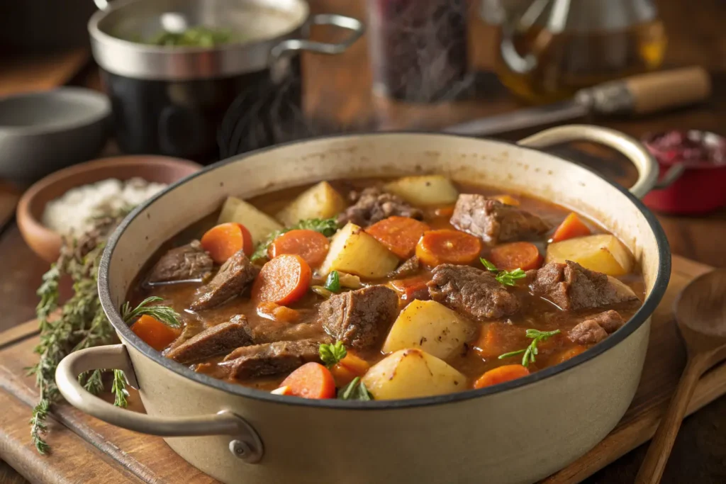 A pot of freshly cooked Irish beef stew, with tender beef chunks, carrots, and potatoes simmering in a rich broth, garnished with fresh thyme.