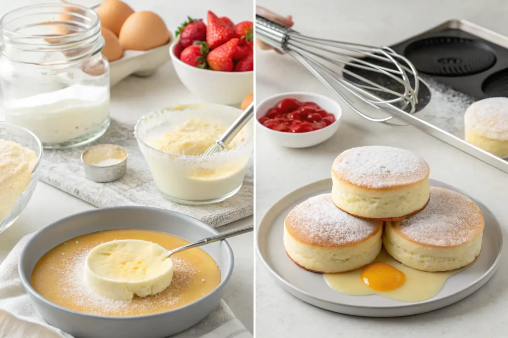 A preparation of Japanese soufflé pancakes, showing the batter being spooned into a pan and the cooked pancakes dusted with powdered sugar on a plate with an egg yolk on the side.