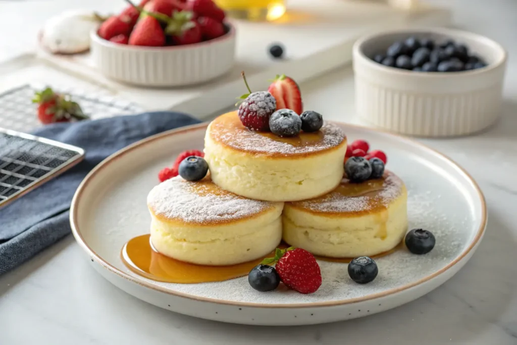 Fluffy Japanese soufflé pancakes topped with fresh strawberries, blueberries, raspberries, and powdered sugar, drizzled with syrup.
